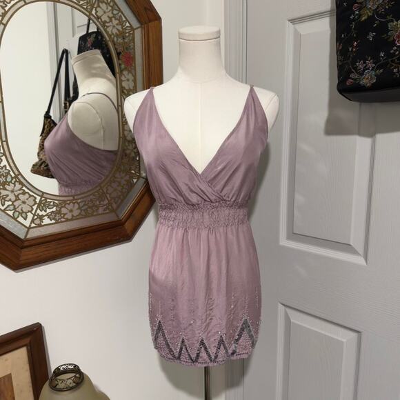 VTG Y2K Old Navy Mauve & Silver Beaded Sequin 100% Silk Smocked Cami Top L - Picture 1 of 8